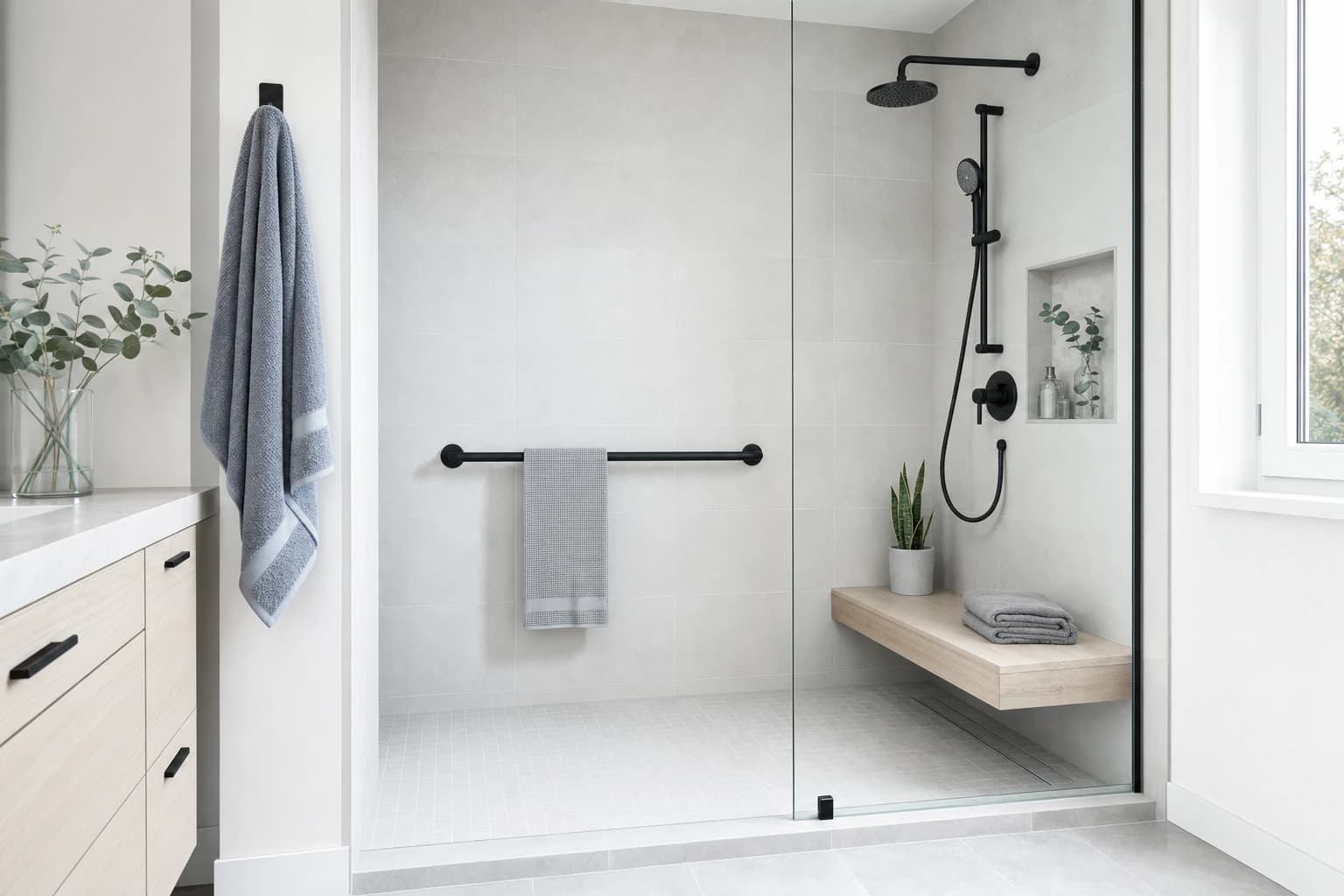 Curbless walk-in shower with grab bar and bench in an accessible Sacramento bathroom remodel