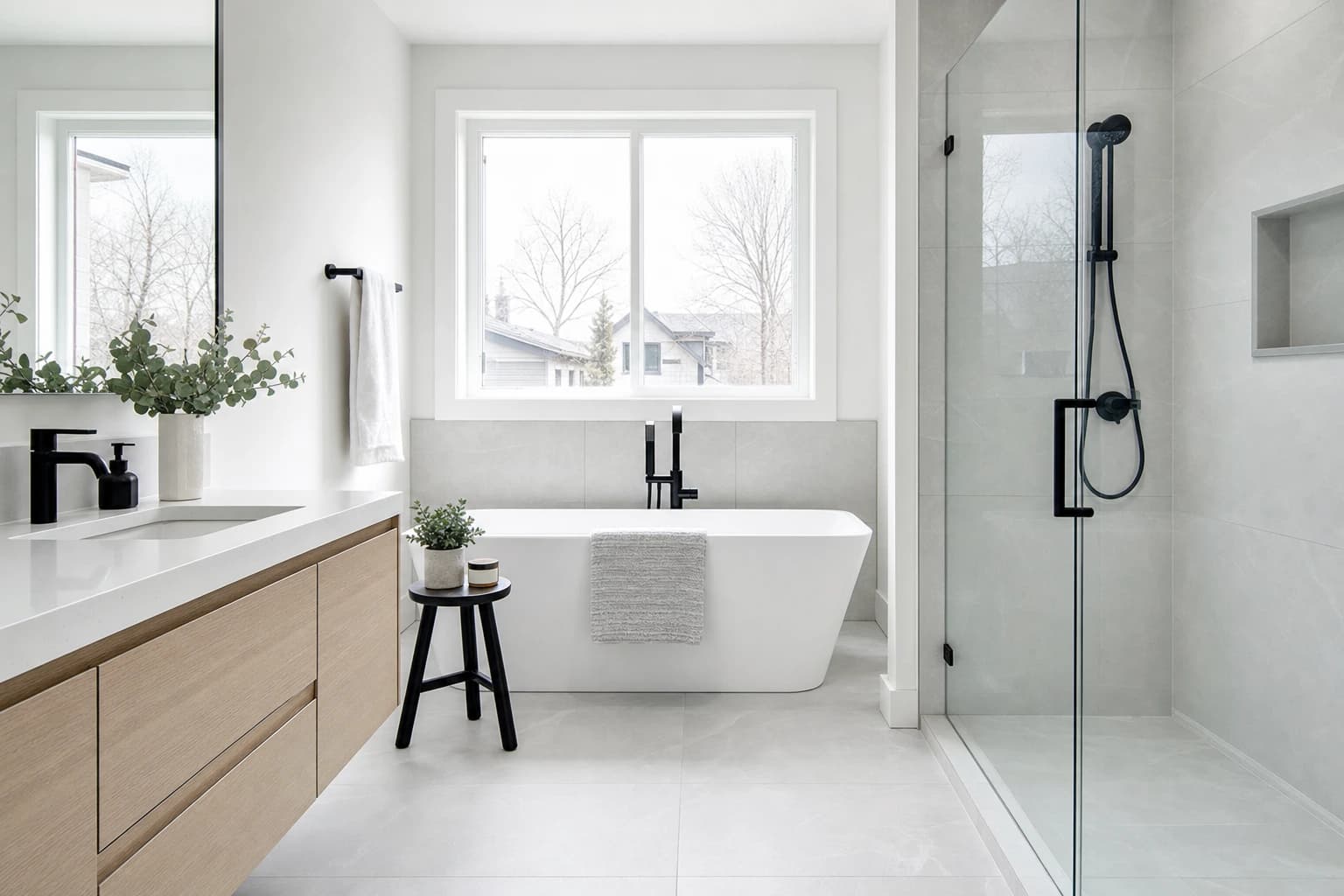 Freestanding tub and white-grey porcelain tile in a mid-range Sacramento bathroom remodel