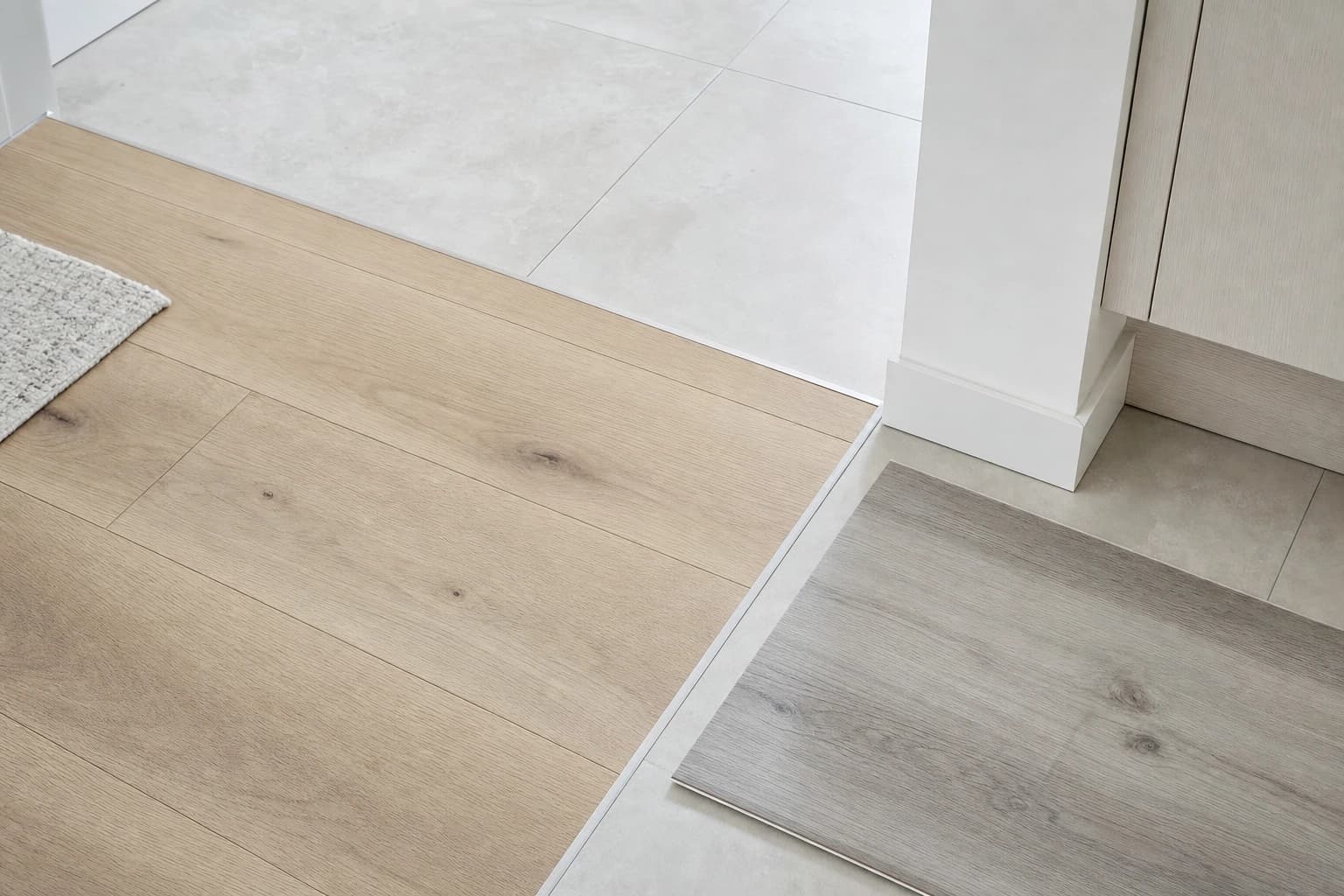 Engineered hardwood, porcelain tile, and vinyl plank flooring samples for a Sacramento remodel