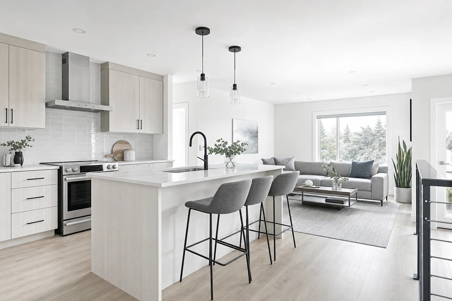 Open kitchen and living view with quartz and oak from a Sacramento home improvement remodel