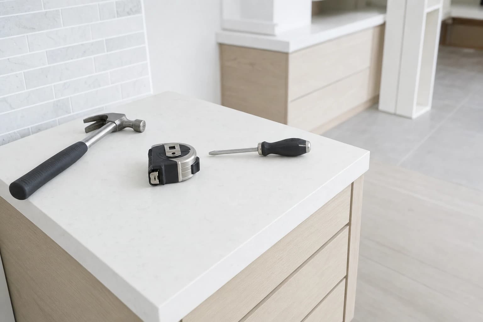 Hand tools and a tape measure on a white quartz offcut by white-oak cabinets, Sacramento remodel