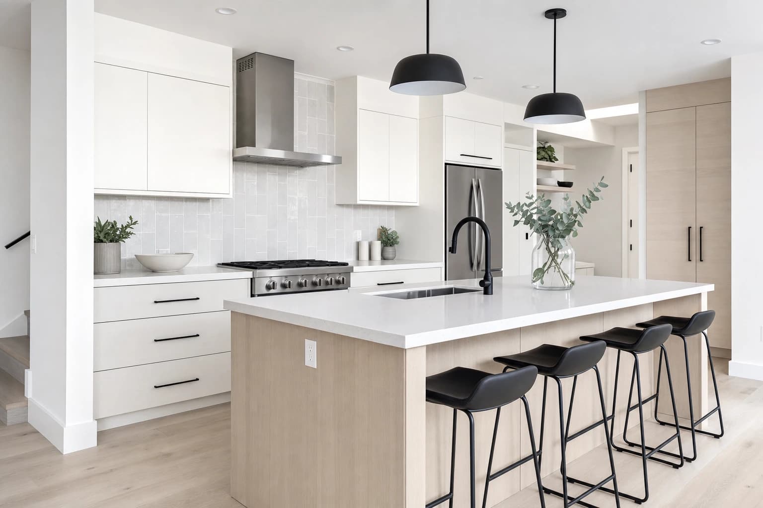 Newly finished white-oak and quartz kitchen remodel in Sacramento, on-schedule and being styled