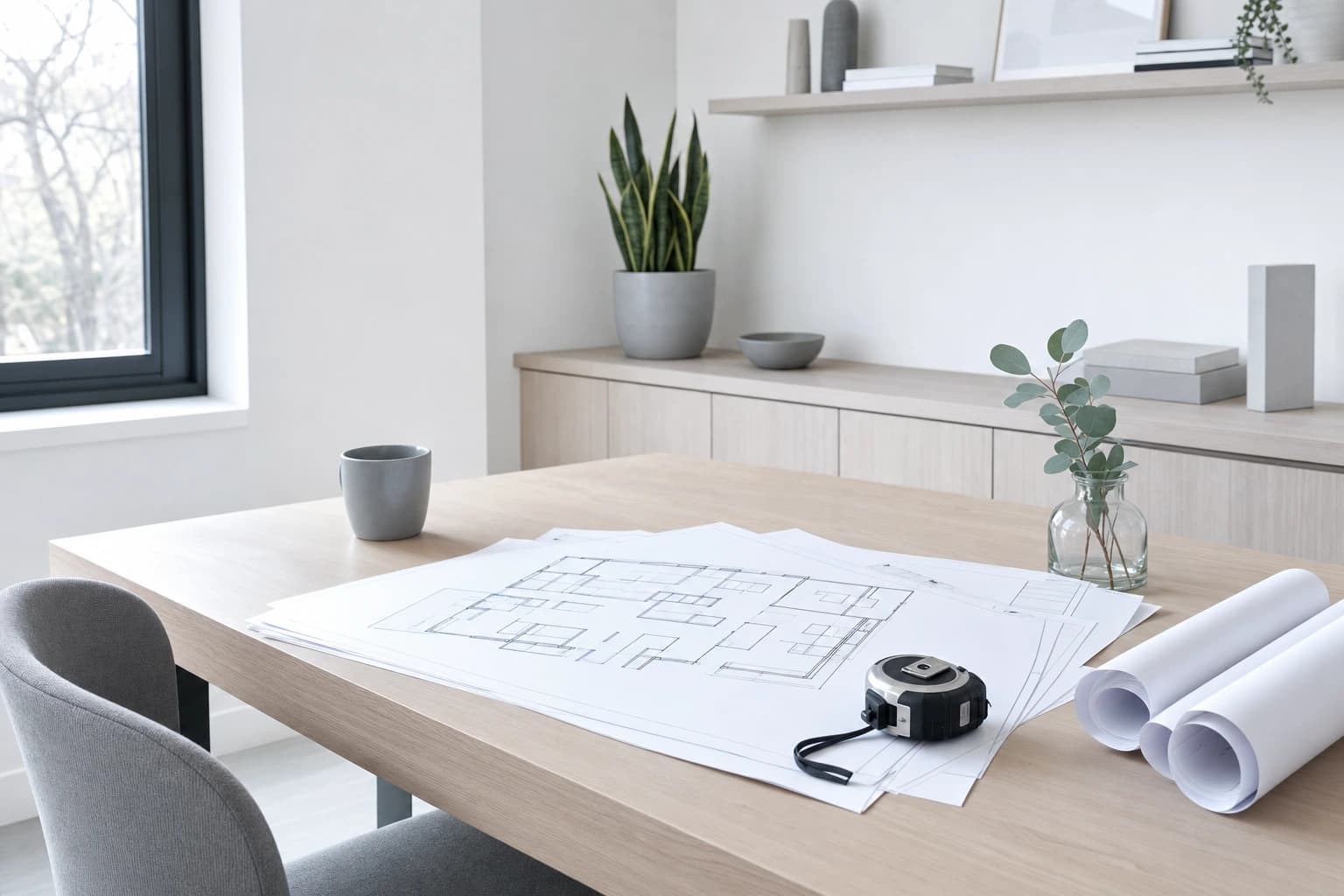 Blank remodeling plans and a tape measure on an oak desk for Sacramento permit planning