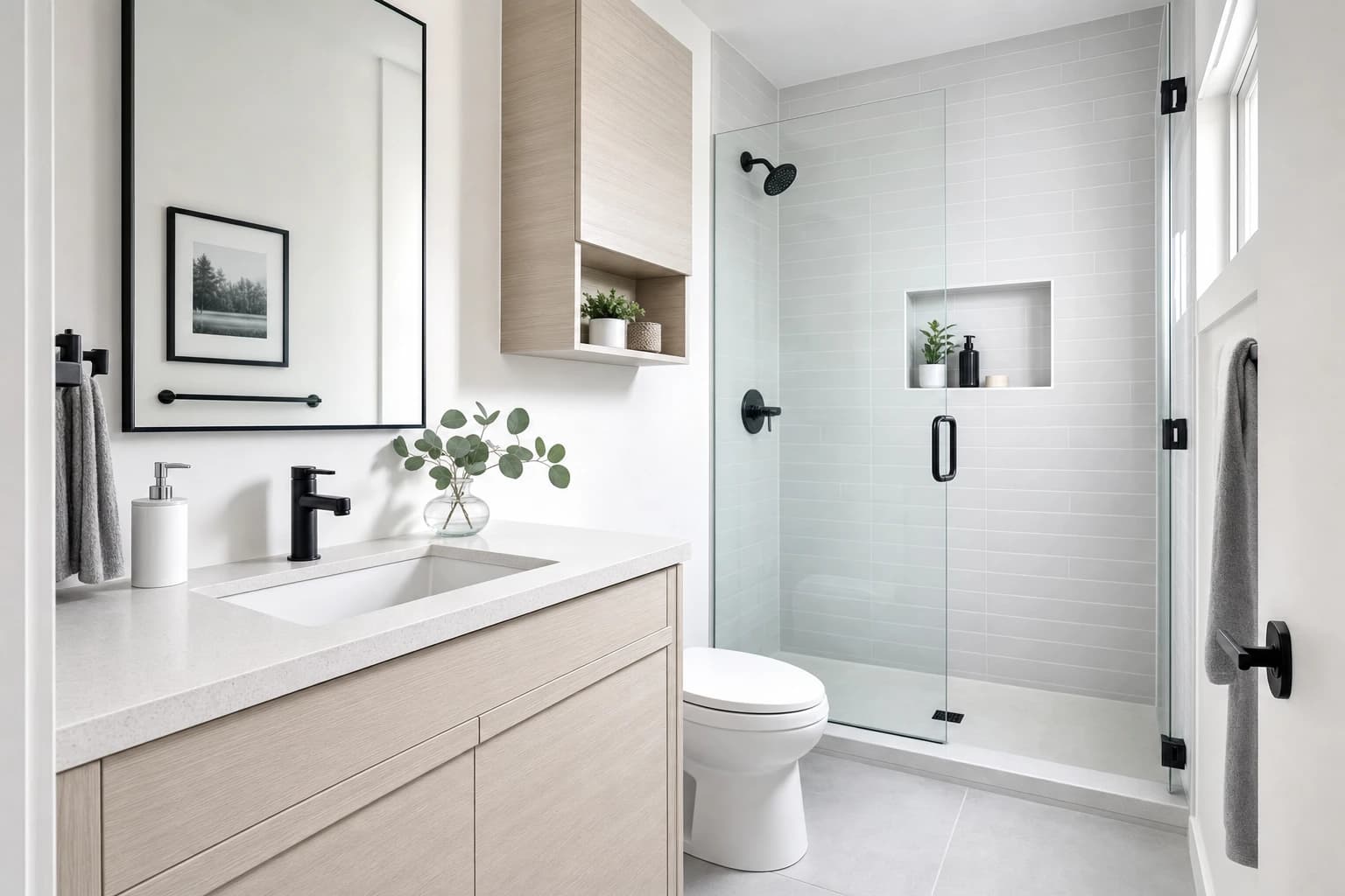 Compact white tub-shower combo and vanity in a small Sacramento bathroom remodel