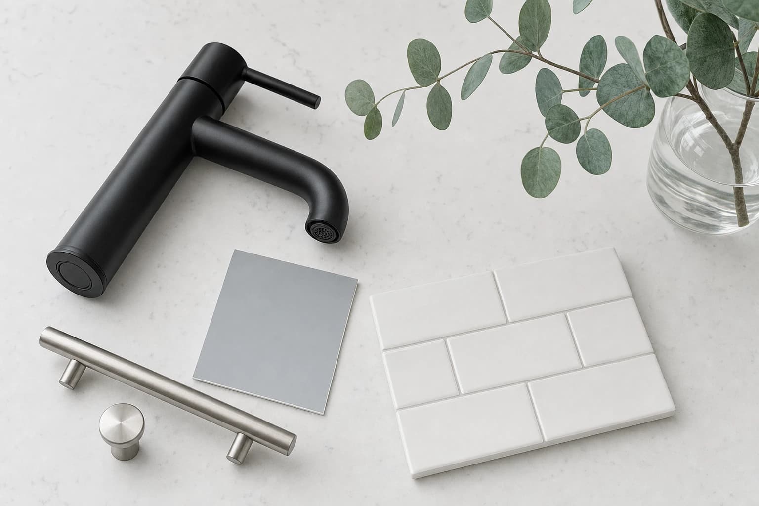 Flatlay of matte-black faucet, paint swatch and tile sample for a Sacramento home update