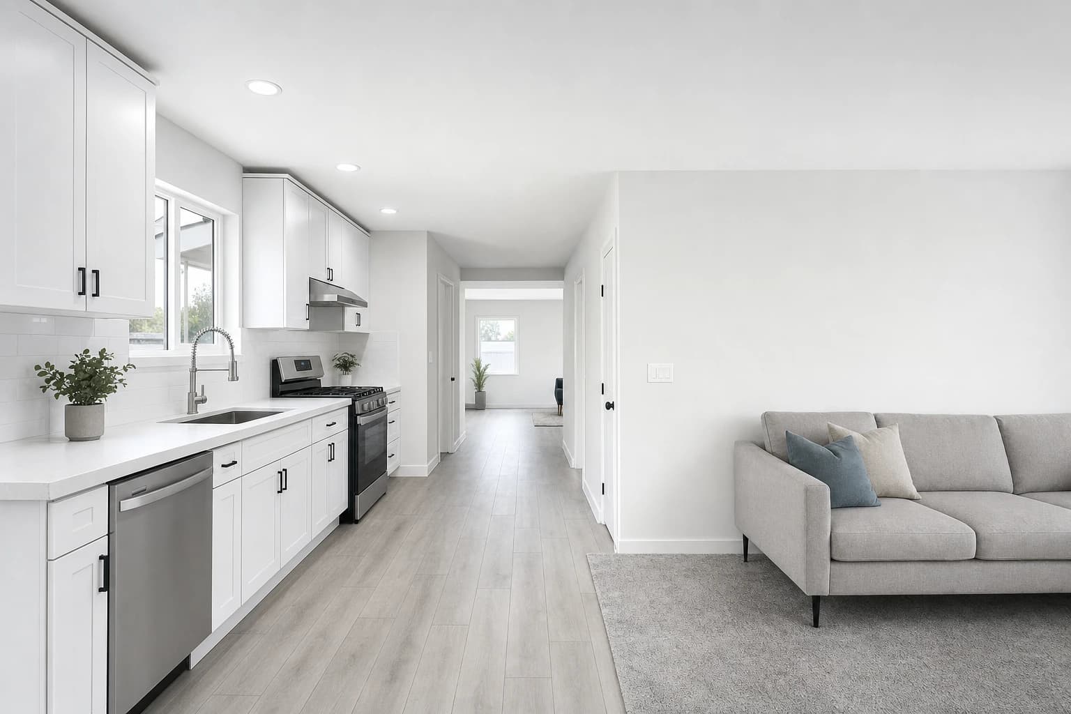 White shaker kitchen opening to a plain living area in a Rancho Cordova ranch remodel