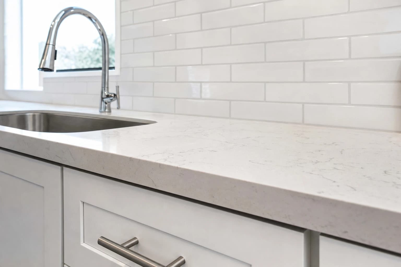 Close-up of white quartz, shaker cabinets and a chrome faucet in a Sacramento kitchen remodel