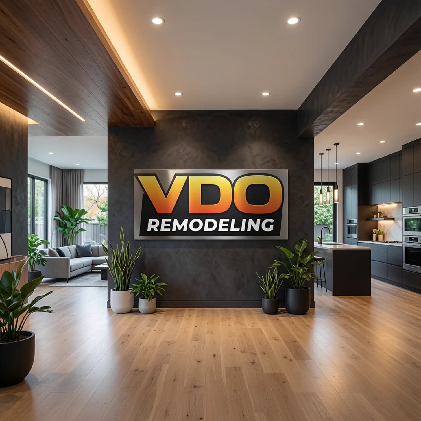 VDO Remodeling branded showroom — a modern remodeled open-plan kitchen and living space in Rancho Cordova
