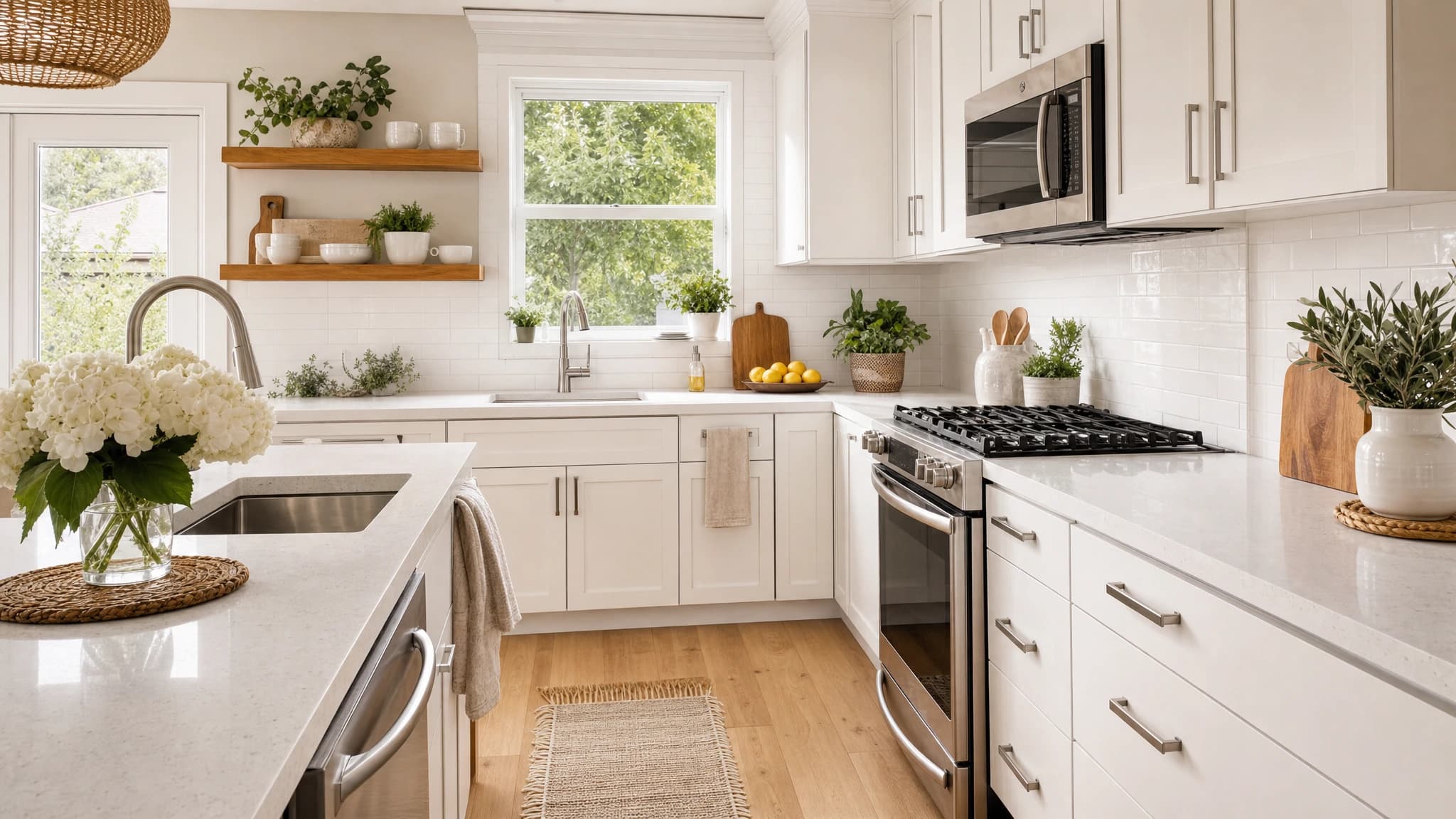 White shaker cabinets, quartz and subway tile with a stainless range in a Rancho Cordova kitchen remodel