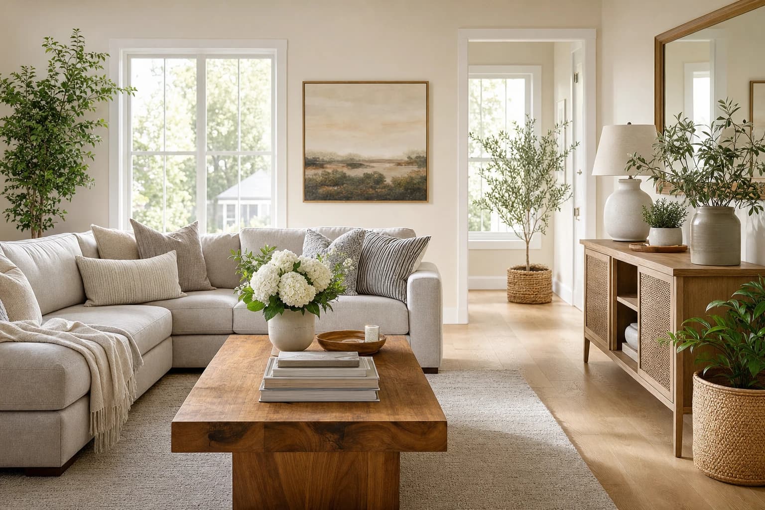 Lightly staged grey living room with LVP floors ready for a Sacramento pre-sale remodel listing