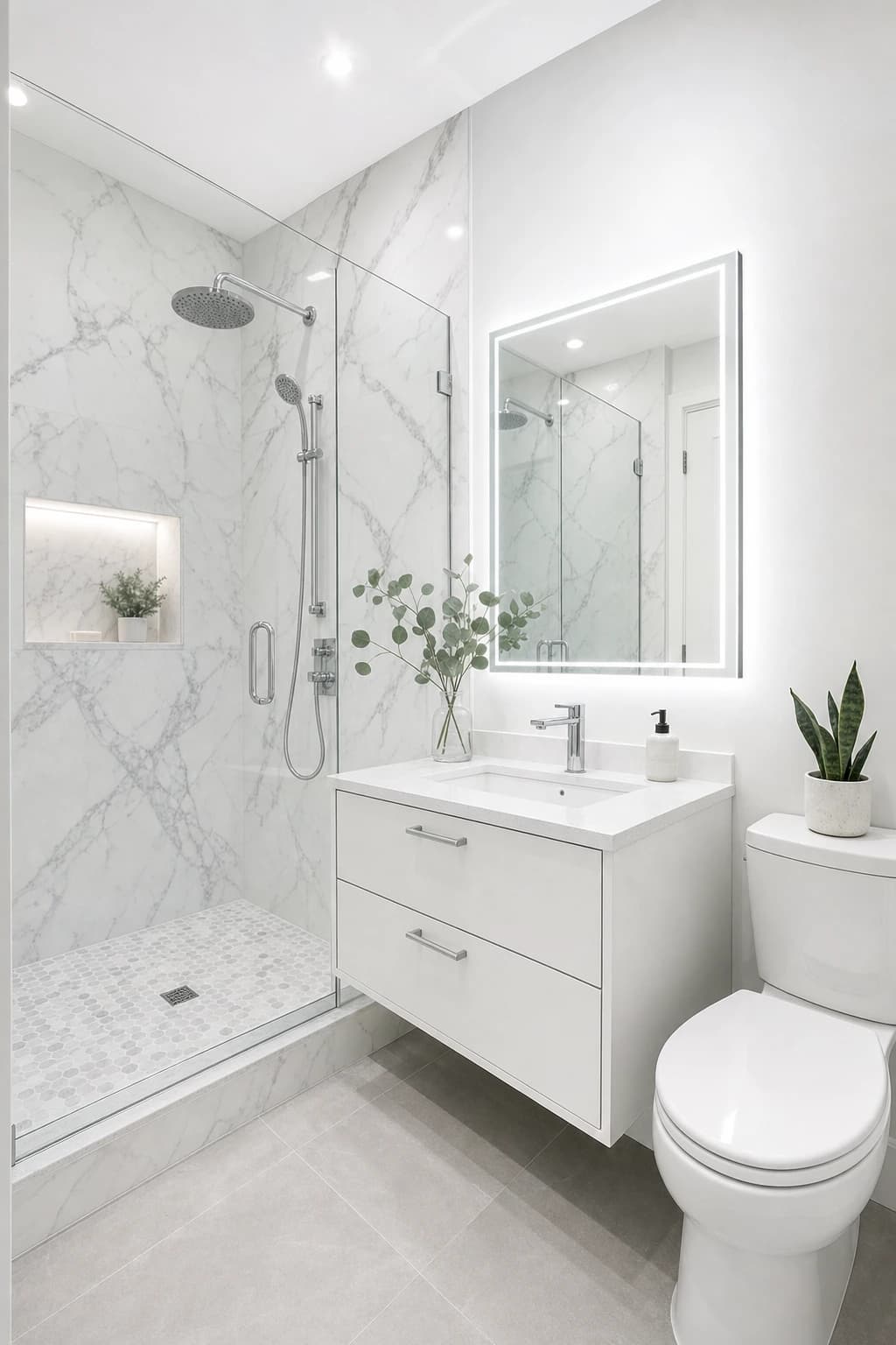 Custom marble walk-in shower with frameless glass and floating vanity in a Sacramento bathroom remodel