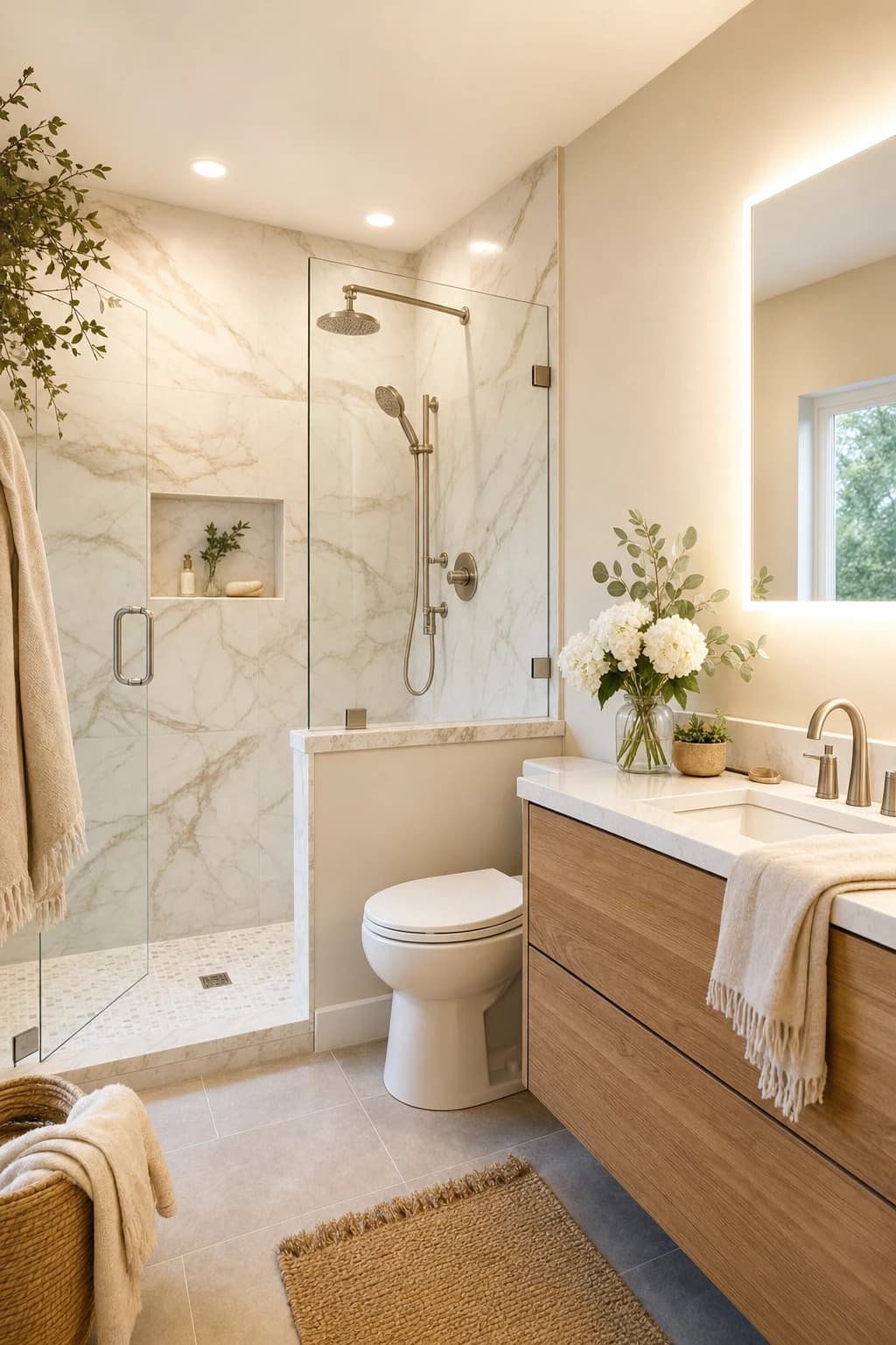 Custom marble walk-in shower with frameless glass and floating vanity in a Sacramento bathroom remodel