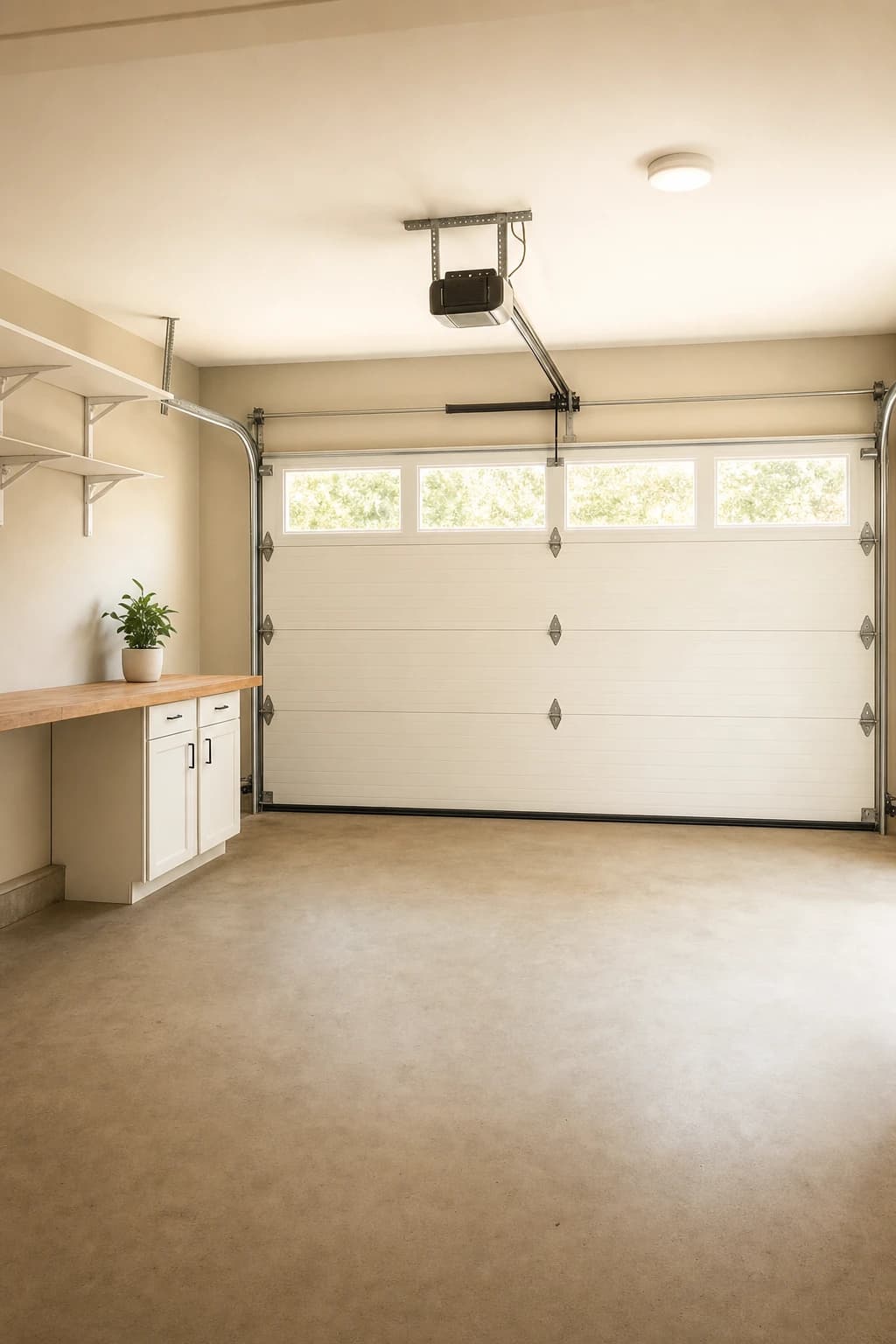 Clean two-car garage with white sectional door and shelving in a Sacramento garage remodel