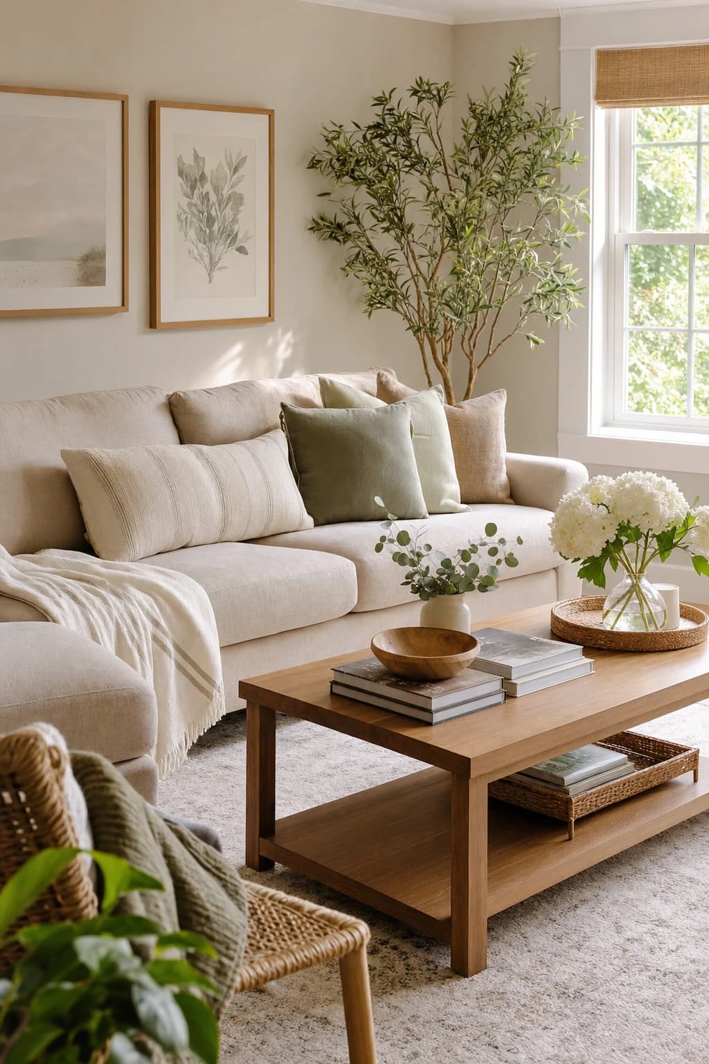Warm, styled living room with light-oak floors, greenery and a sunny window in a Rancho Cordova interior remodel