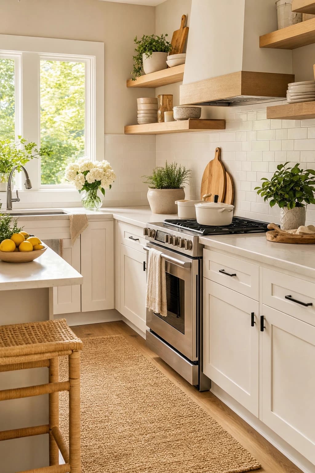 White shaker galley kitchen with subway tile and stainless range in a Rancho Cordova kitchen remodel