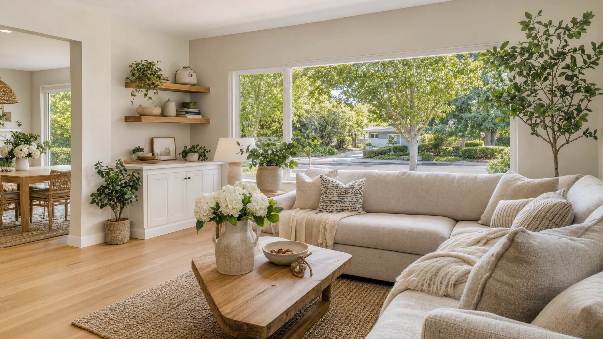 Living room window framing a suburban Rancho Cordova street served by local home remodels