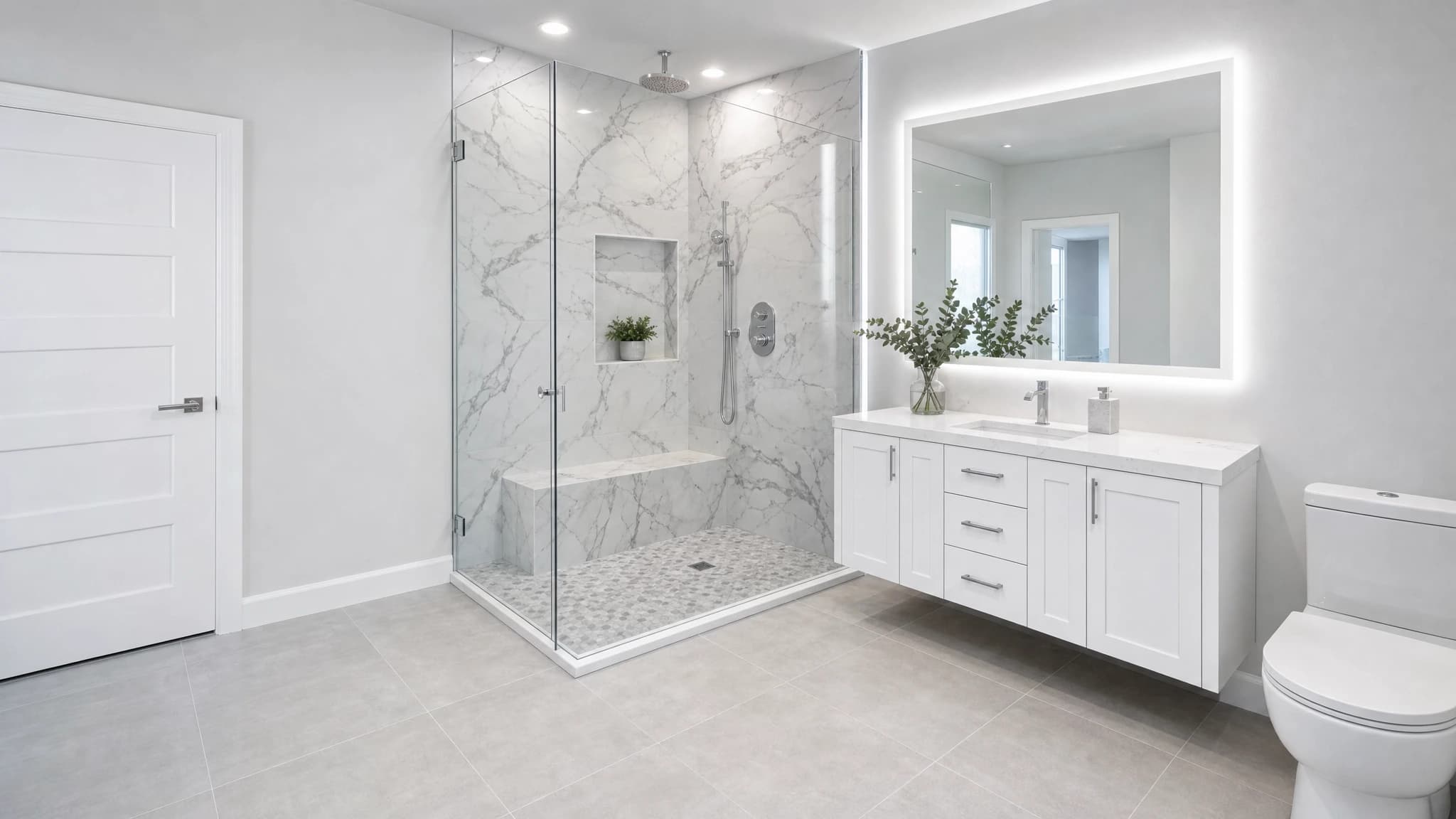 Custom marble walk-in shower with frameless glass and a floating vanity in a Sacramento bathroom remodel