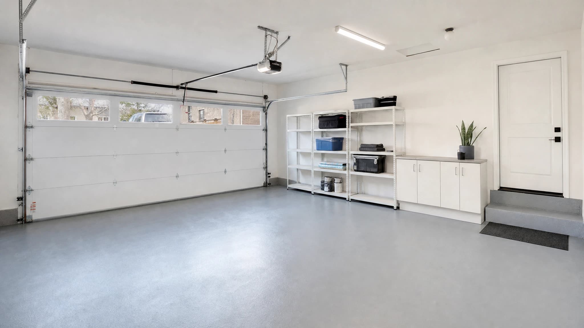 Tidy two-car garage with white sectional door, shelving and epoxy floor in a Sacramento garage remodel